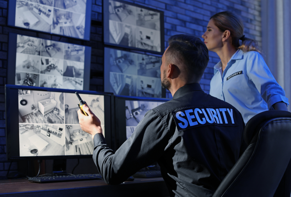 Zwei Sicherheitsmitarbeiter beobachten Überwachungskameras in einem Raum