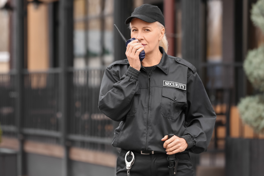 Eine Sicherheitsmitarbeiter kommuniziert per Handsprechfunkgerät